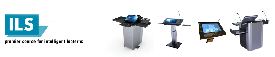 ILS your premier source for intelligent lecterns header, depicting the logo and 4 different lectern models.